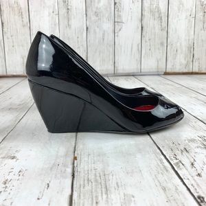 Miu Miu Patent Leather Peep Toe Wedges Size 34.5 - image 1